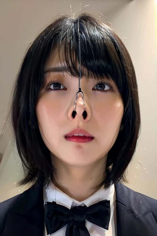  close-up of a Japanese woman in a suit and black tie, left and right name color,Pretty Japanese woman,She is very,  expressive face .   she is looking up at the ceiling., Angle view from below , close up of my nostrils , beautiful women,Camera looking up ...