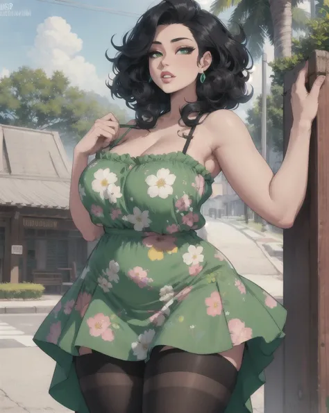 Straight girl, black skin, black voluminous curly hair, chubby body, chubby girl, delicate face, green eyes, voluminous lips, wide hips, medium breasts, wearing a floral dress, stockings. ultra detailed, high quality detail, realistic results