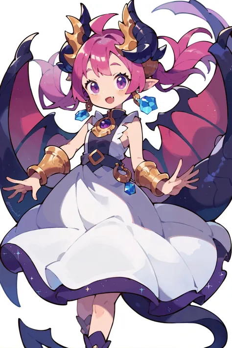 best quality, cute dragon girl, purple eyes, long white dress, tail