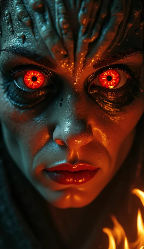 Hyper-realistic, high detail. An extreme close-up shot of the traitor’s wide, terror-filled eyes, reflecting the demonic queen standing before him. But she is no longer a mere demon—her form has warped into something eldritch, her skin unraveling into shif...