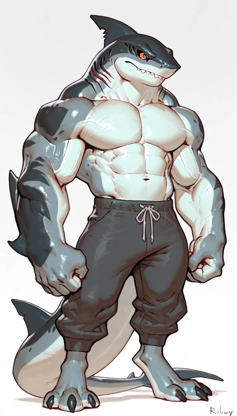 sharkman, anthro megalodon, darker hands and fins, black back, solo, big arms, bara, detailed skin, lizard shark hybrid, anthro, closed mouth, detailed shark skin, scalie arms, fins on arms, gray color body, beefy, thick scales on arms, digitigrade legs, 3...