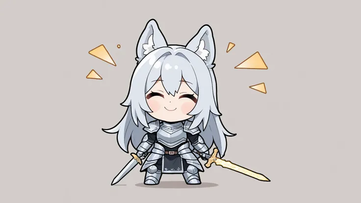  best quality, Alone,  フラット color,  color,  chibi , A chibi-style, two-heads-tall  girl with dog ears and long silver hair. She is wearing a metal armor with a long lightning sword. She is standing in a cute and confident pose, facing forward with a big, c...