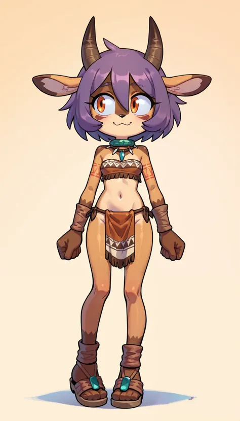 score_9, score_8_up, score_7_up, 1girl, solo, masterpiece, best quality, amazing quality, very aesthetic, absurdres, source furry, furry girl, mobian gazelle, gazelle ears, gazelle horns, orange eyes, purple hair, messy spiky bangs, messy spiky short hair,...