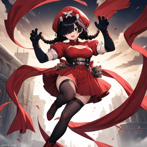 (Masterpiece), (expressive eyes),  ((solo)), ((1girl)), 1girl, psyl0ck3bk, solo, hat, black hair, gloves, black gloves, red headwear, dress, elbow gloves, braid, red dress, puffy sleeves, thighhighs, twin braids, bangs, short sleeves, puffy short sleeves, ...