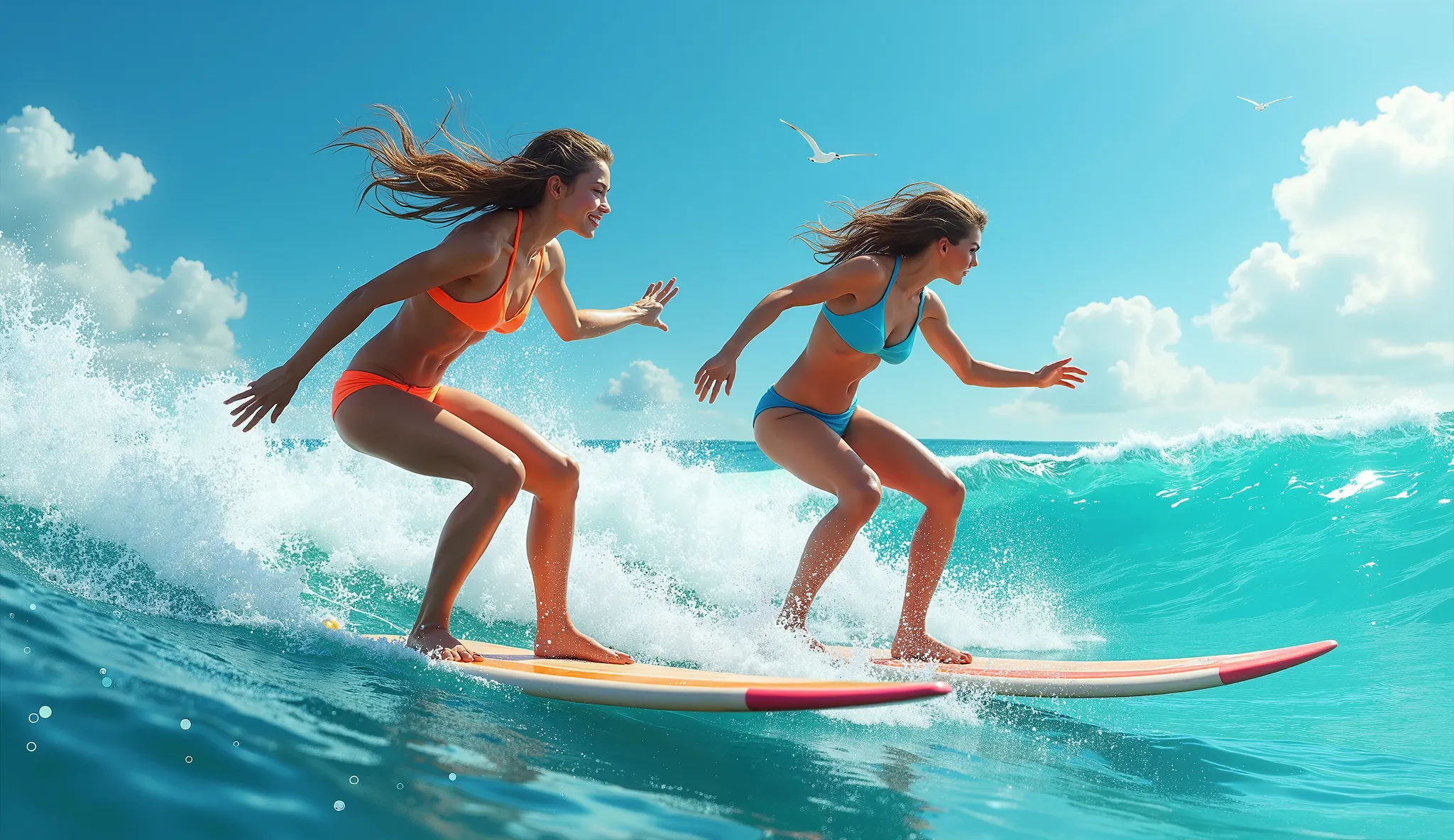 two women in bikinis surfboard at sea 