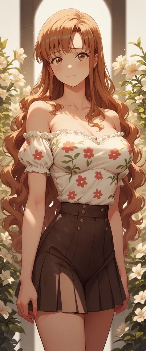 Sakura Miyajima,  High Quality,  masterpiece, Very detailed,  High Quality,  high resolution,  big breasts, flower shirt, Mini brown skirt ,  long wavy hair ,  bare shoulders , 