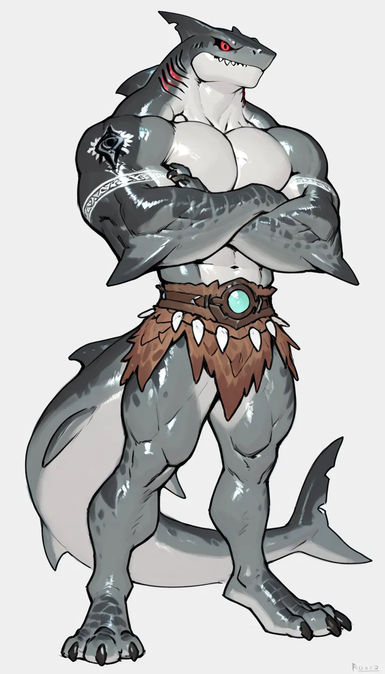 sharkman, anthro megalodon, darker hands and fins, black back, solo, big arms, bara, detailed skin, lizard shark hybrid, anthro, closed mouth, tribal polynesian tattoos, detailed shark skin, scalie arms, fins on arms, gray color body, beefy, thick scales o...