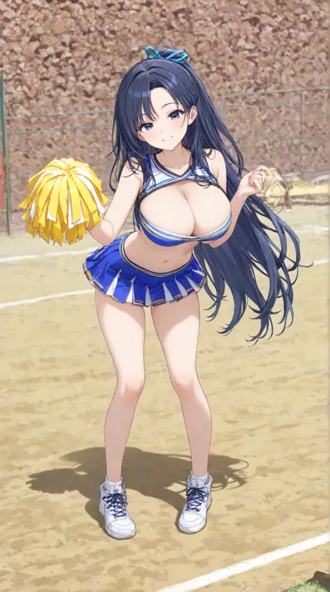 Big Breasts,   long hair,   black hair , bangs,    ,  smile,  ,  smiles,   , （One girl 1.5）, blue hair ribbon、（ 1.5）solo、 cheerleader