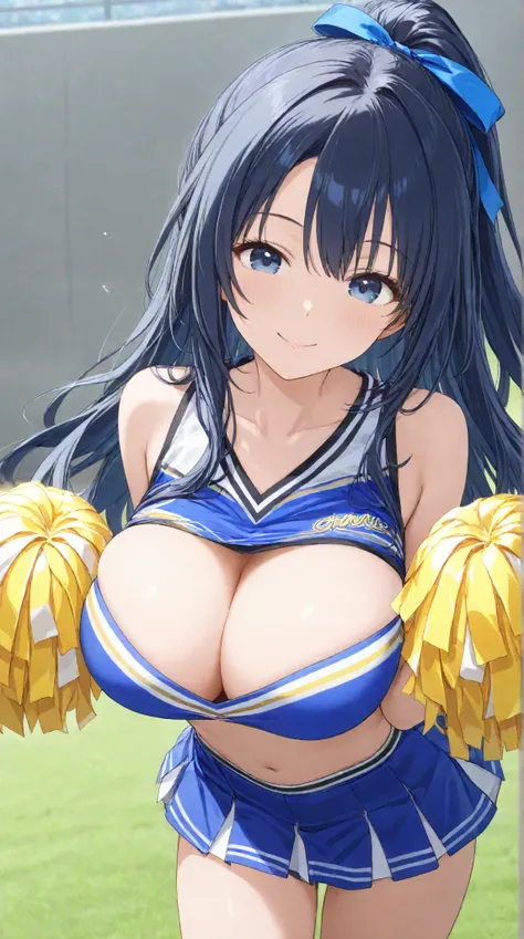 Big Breasts,   long hair,   black hair , bangs,    ,  smile,  ,  smiles,   , （One girl 1.5）, blue hair ribbon、（ 1.5）solo、 cheerleader