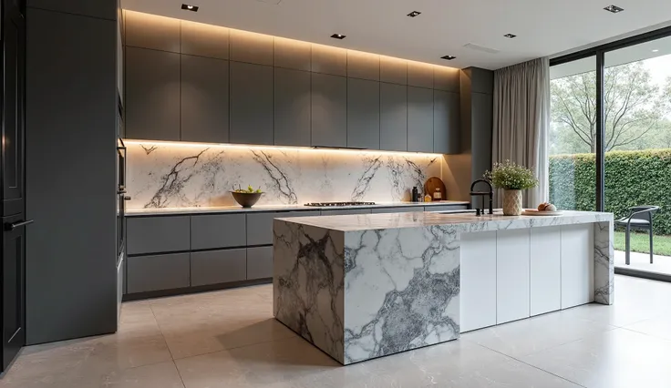 Custom designed modern sophisticated kitchen in gray tones with large cabinets and a dedicated central bar counter, marble countertop with color gradients. 45-degree view