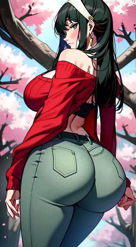 tmasterpiece， Best quality in the best， 1girll， yor brior， big boobs，off-the-shoulder clothing，（ cleavage)，Sexy raised，is shy，missmutig，with black hair，  long black hair， （green eyes:1.4)， Forehead protection， The cherry trees，Flying cherry blossoms, perfe...