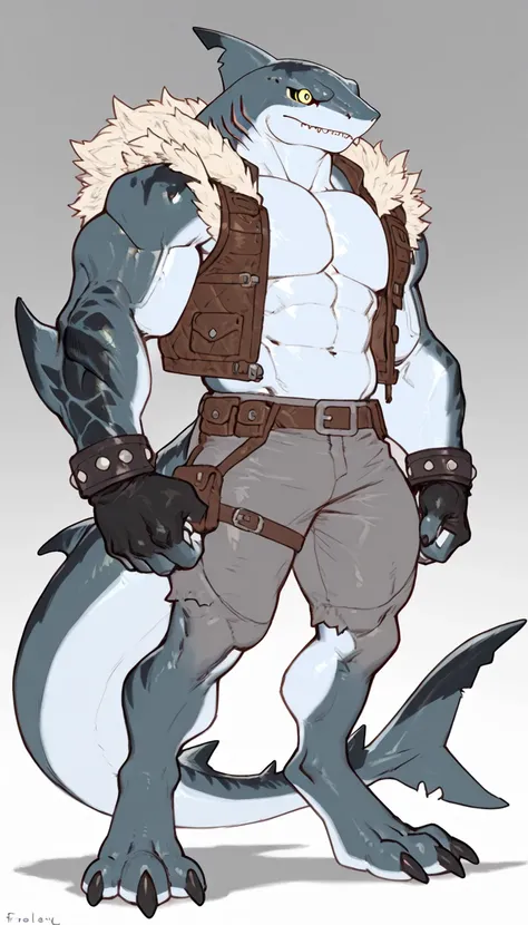 sharkman, anthro megalodon, darker hands and fins, black back, solo, big arms, bara, detailed skin, lizard shark hybrid, anthro, closed mouth, detailed shark skin, scalie arms, fins on arms, gray color body, beefy, vast, yellow eyes, fur mantle on shoulder...