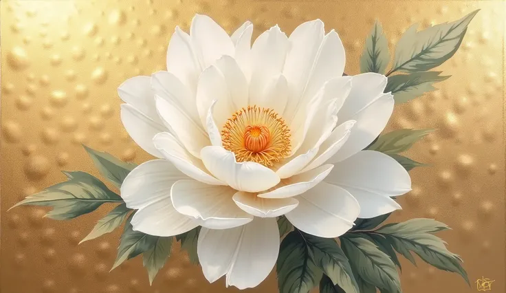 white leaf peony painting with gold leaf acrylic paint on background