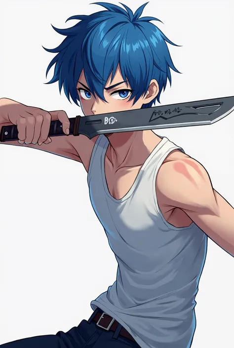 
Character with anime tank top white shirt without print blue hair and 20-year-old male with a bayaneta knife