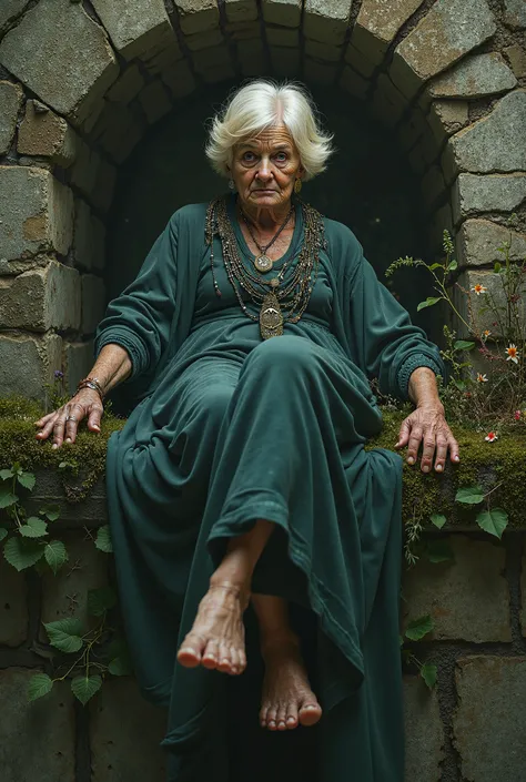 Elderly witch with very short blond hair lies barefoot on the wall 