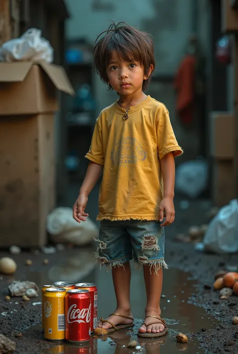 Ultra realistic photo, produced by a professional with a high-quality camera. a beautiful, poor tiny and cuty  boy, wearing frayed denim shorts and an old, torn yellow t-shirt, disheveled hair, picking up soda cans from the trash on the floor to sell. In a...