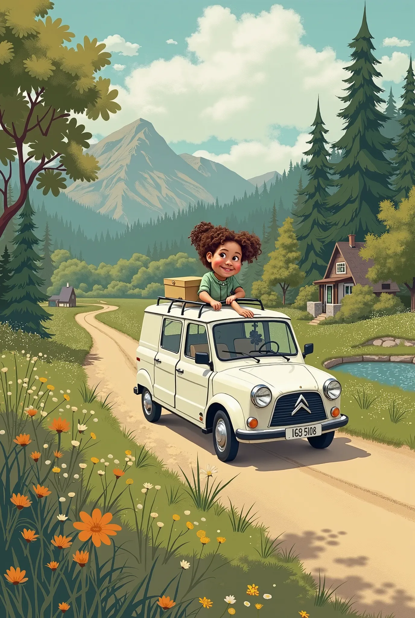 OK,  I summarize everything to make sure it's perfect before generating the image :

van:

 white Citroën C15 with a box behind ,  smaller in proportion to the characters .

 Without Citroën logos or text .


 characters:  a boy and a girl, Doing silly thi...