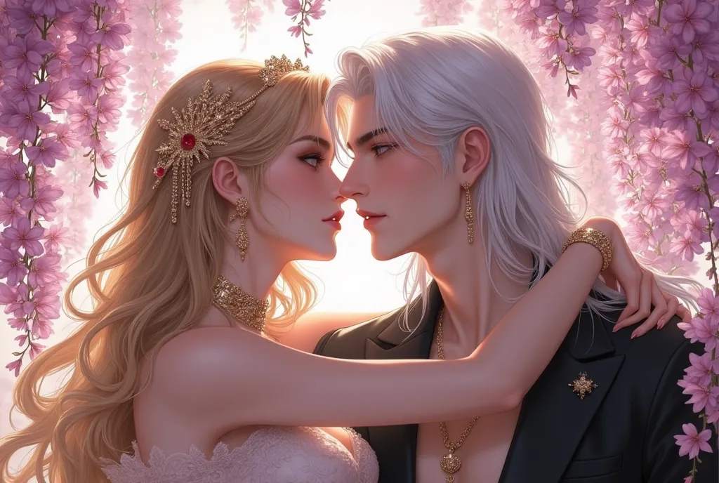  very detailed digital illustration on the cover .  Draw a couple for a realistic comic cover .  incredibly beautiful blonde  , height 160 cm,  long golden hair,  stylized in a beautiful hairstyle  ,  decorated with a tiara and jewelry  , long bangs,  She ...