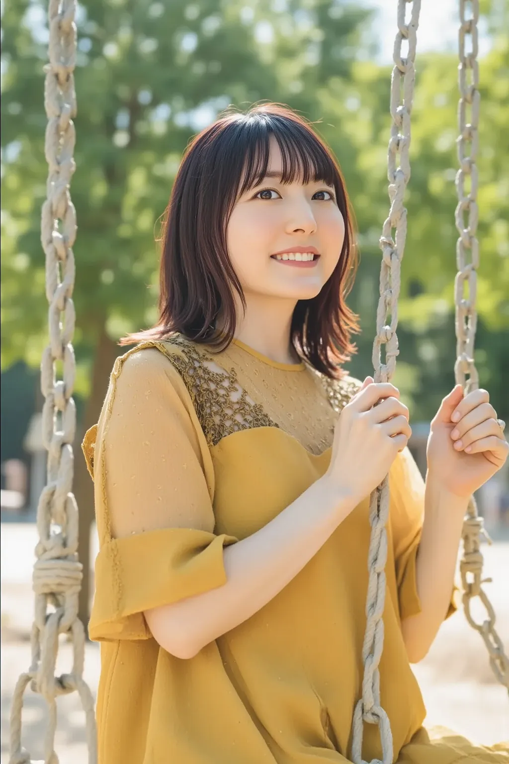 A cute woman wearing a golden yellow dress, smiling happily while swinging on a swing in a park. The background shows lush green trees, a clear sky, and bright sunlight. The woman has long, flowing hair and looks joyful as she enjoys the moment. The scene ...