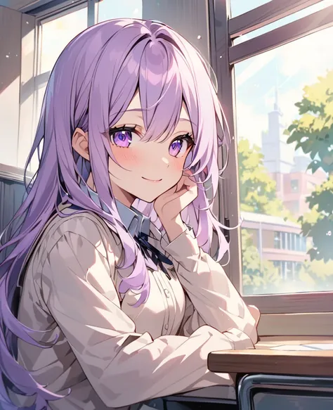  alone，   long hair ， light purple hair， chip pink highlight，woman，  purple eyes ，smile,uniform、 Long Sleeve、student、School、In the classroom、Window seat、I'm looking out the window