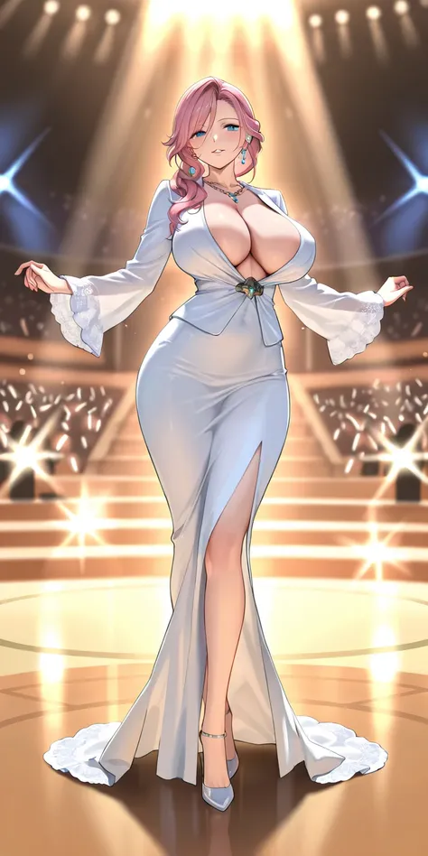 Masterpiece, elegant mature woman, vanille\(final fantasy\), tall body, big breast, full body, parted lips, smile, in the ring (in around audience), dynamic lighting, ultra detailed, highres, absurdres, vanille\(final fantasy\) style, stunning visual cg, l...