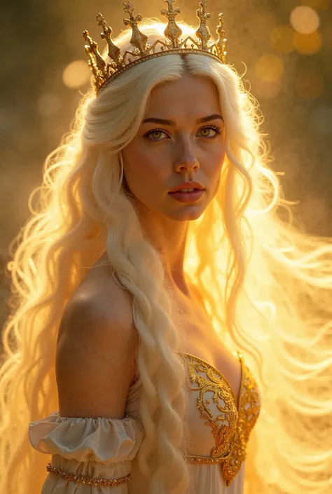 A woman walking blonde with yellow eyes with an imposing look and a delicate white-skinned face wearing a white and gold dress with a crown and around it is a golden haze