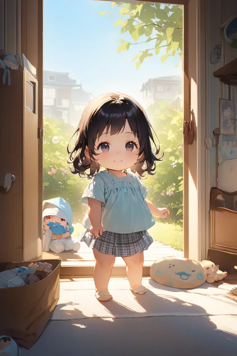  high definition、high quality、 realistic colors。Long hair with dark hair、 dark eyes、 cute shirt 、 check skirt。 short stature 、 lori、 Toddler type。smile。A bright living room shining in the sun。