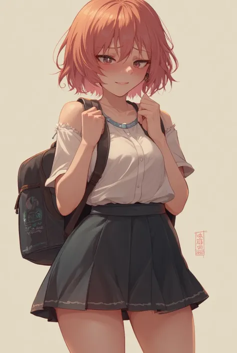 blue eyes, college wavy strawberry blonde hair, short hair, full body view, anime face, blouse, skirt, rucksack, earrings, stylish haircut, realistic, detailed, pinup, college, ((full body view)), realistic, horny, submissive, Masturbating while standing 