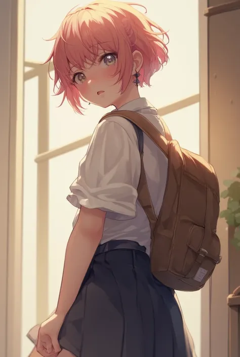 blue eyes, college wavy strawberry blonde hair, short hair, full body view, anime face, blouse, skirt, rucksack, earrings, stylish haircut, realistic, detailed, pinup, college, ((full body view)), realistic, horny, submissive, Masturbating while standing 