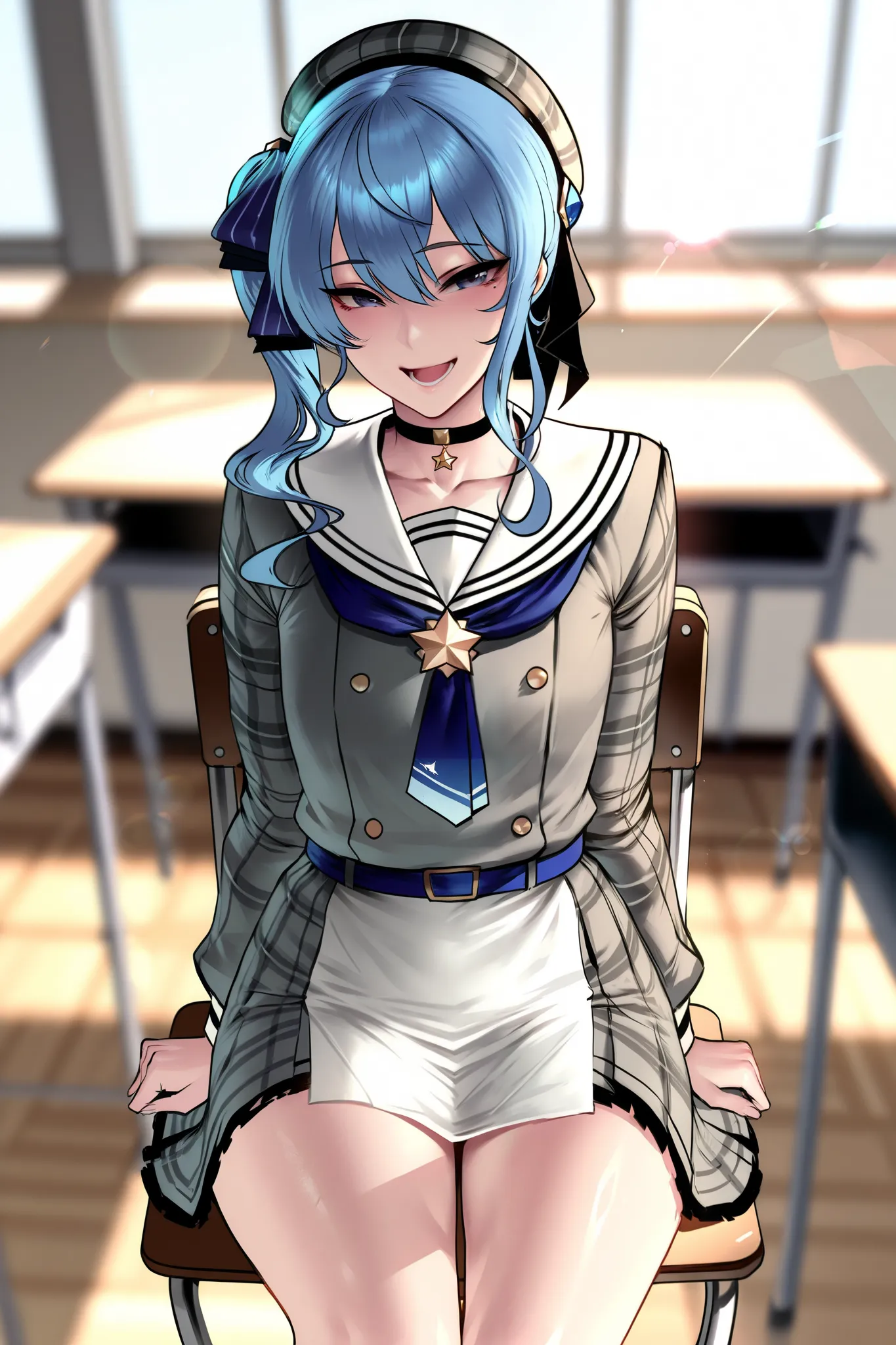 masterpiece, best quality, ultra-detailed, illustration, colorful, depth of field, lens flare, 1girl, hoshimachi suisei, anime, sitting, blue hair, looking at viewer, school, classroom, school uniform, detailed skin texture, detailed cloth texture, beautif...