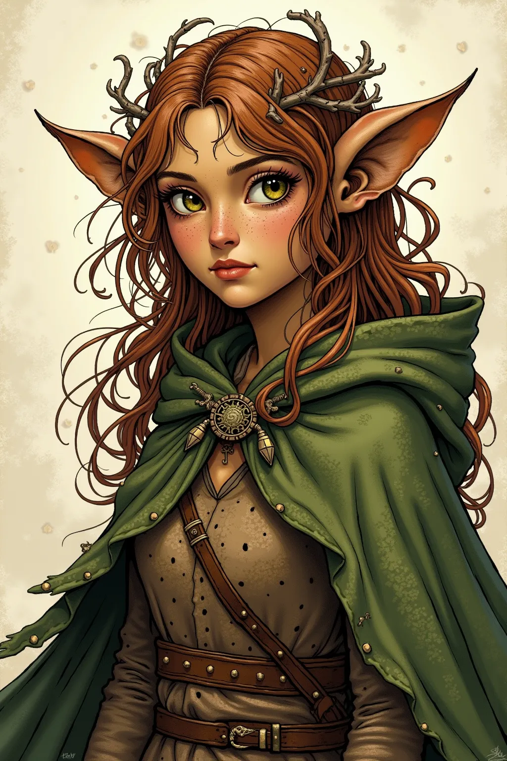 A realistic medieval fantasy portrait a humanied being. She is smaller than humans, but not like. She has nut-brown skin, dappled like a deer's with paler spots. Her hands have only three fingers and a thumb, with sharp black claws instead of nails. She ha...