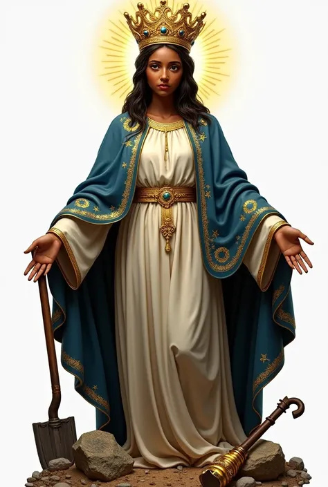 " A realistic and detailed image of the Virgin of the Hollow ,  with a dark complexion ,  soft features and serene and maternal expression . Her big eyes,  of dark brown color ,  conveying tenderness and compassion .  She wears a deep blue mantle , almost ...