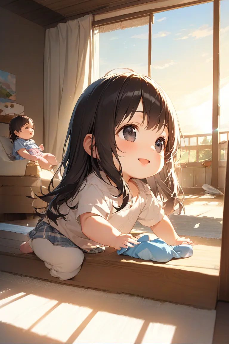  high definition、high quality、 realistic colors。Long hair with dark hair、 dark eyes、 cute shirt 、 check skirt。 short stature 、 lori、 Toddler type。smile。A bright living room shining in the sun。