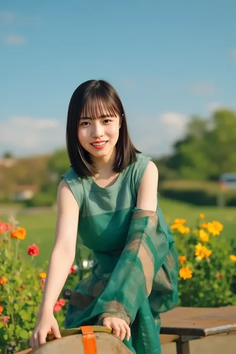 A cute woman wearing a forest green dress, sitting on a seesaw with a friend in a joyful park setting. Both women are smiling and enjoying each other’s company, with the background featuring lush greenery, colorful flowers, and clear blue skies. The two ar...