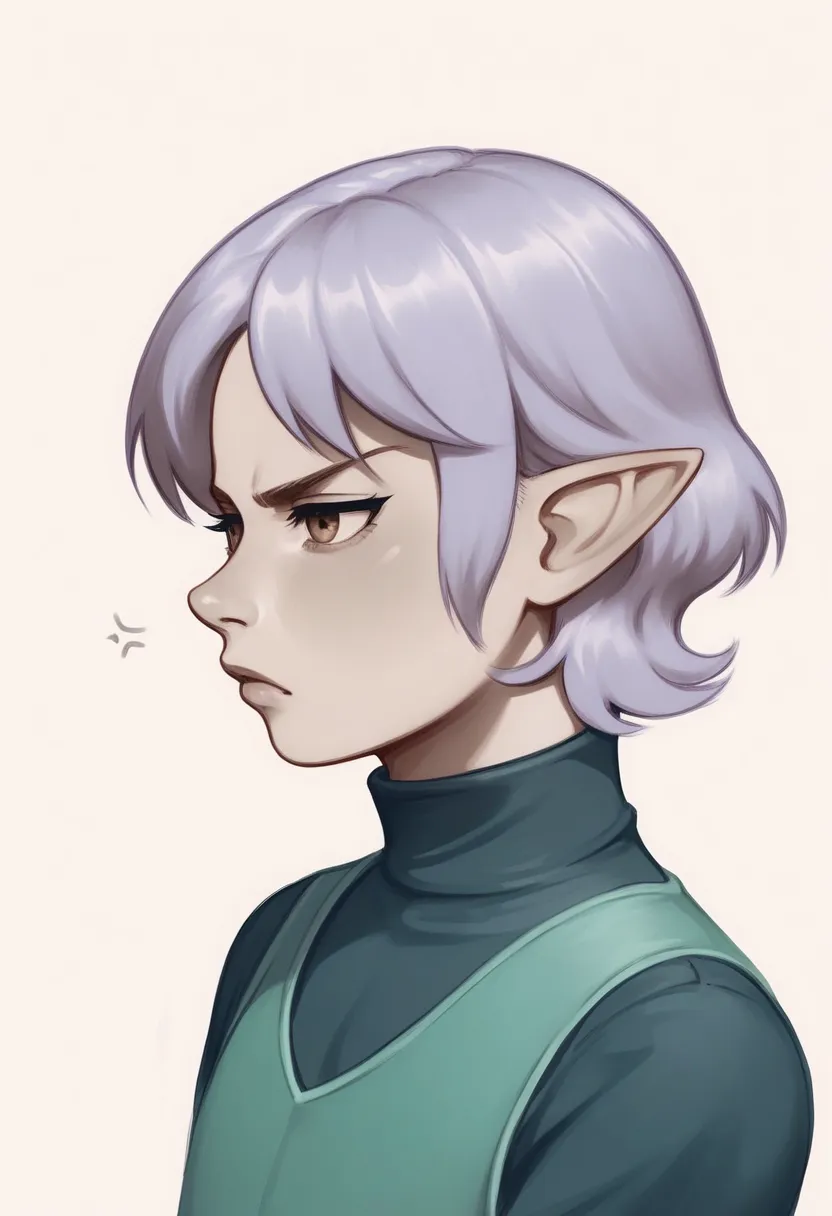 Parnea, 1 person, androgynous, solo, pointy ears, short hair, hazel eyes, lilac hair, bangs, green vest, black undershirt, turtleneck collar, 
Close up, face focus, side view, frowning, annoyed expression, side-eye,
hu99y, sketch, monochrome, grayscale,
Me...