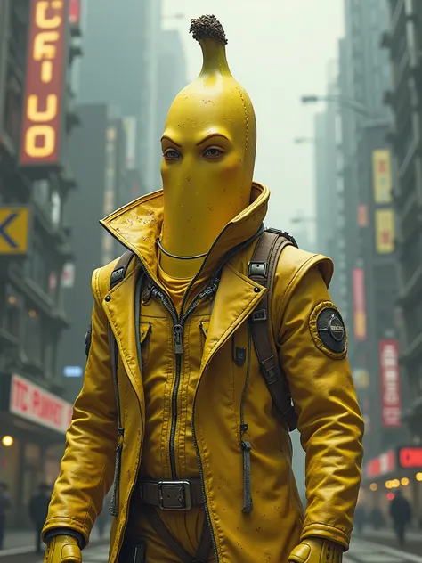 realistic banana wearing cyberpunk suit