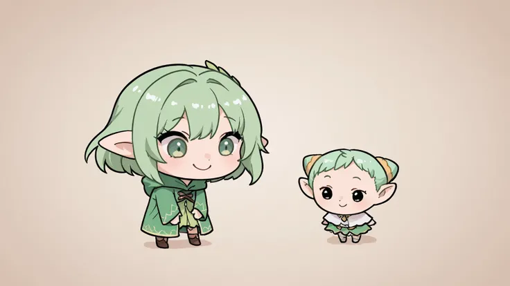 Draw only one character in the image.  best quality, Alone,  フラット color,  color,  chibi , A chibi-style, two-heads-tall  girl with pointed ears and long green hair. She is elf. She is wearing a green short robe adorned with magical patterns She has a bow a...