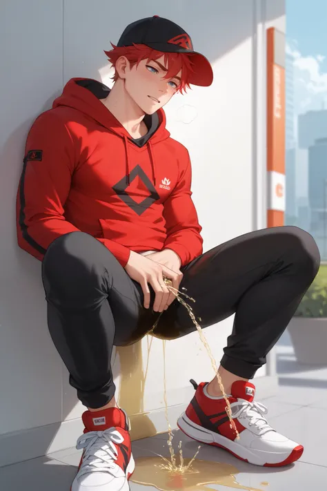 LiaqN.Red haired man.Handsome.Wearing a red hoodie cap black skinny pants Hi Top Sneakers.He couldn't hold his pee. There is a large pee wet spot on his crotch. Pee stain on his pants. Pee wet spot on his crotch. He is ashamed of peeing himself