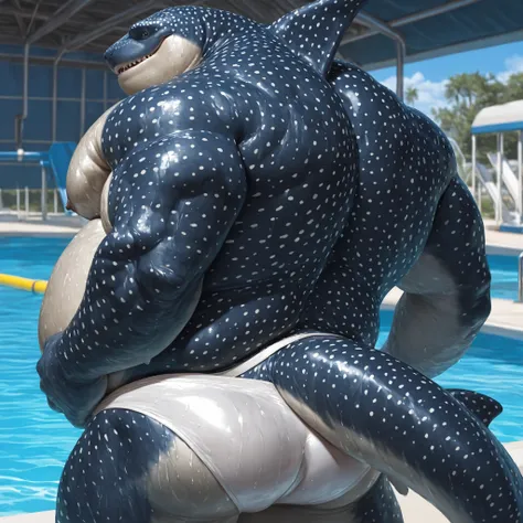 furry male, bara, mature male, solo, bara, bare pectorals, biceps, detailed skin, whale shark boy, tail, older, looking at viewer, huge bodybuilder, (fat belly:1.15), muscular male, nipples, veins, big pectorals, big butt, standing, ((topless, white speedo...