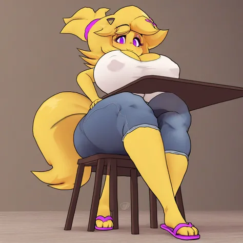 
source_anime, (score_9, score_8, score_7), 

ch1ku_cally3d, 1girl, solo, anthro, yellow skin, yellow hair, hair ornament, white topknot, purple eyes, furry, large breast, wide hips, huge breast, chicken tail, covered nipples,tight thicc jeans,Flip flops d...