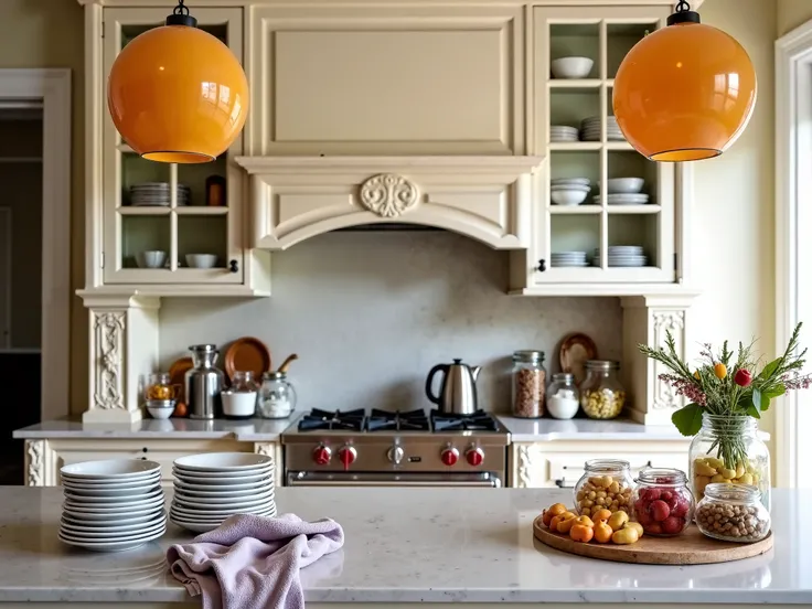 A light beige kitchen, with glass-fronted cabinets, showcasing various dishes and items. Cream-colored, ornate cabinetry with decorative carvings. Two round, amber-toned pendant lights hang above the kitchen island. Kitchen appliances, including a coffee m...