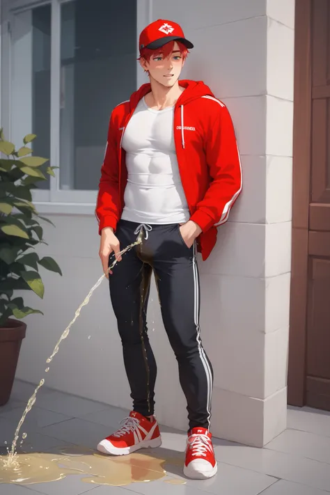 LiaqN.Red haired man.Handsome.Wearing a red hoodie cap black skinny pants Hi Top Sneakers.He couldn't hold his pee. There is a large pee wet spot on his crotch. Pee stain on his pants. Pee wet spot on his crotch. He is ashamed of peeing himself