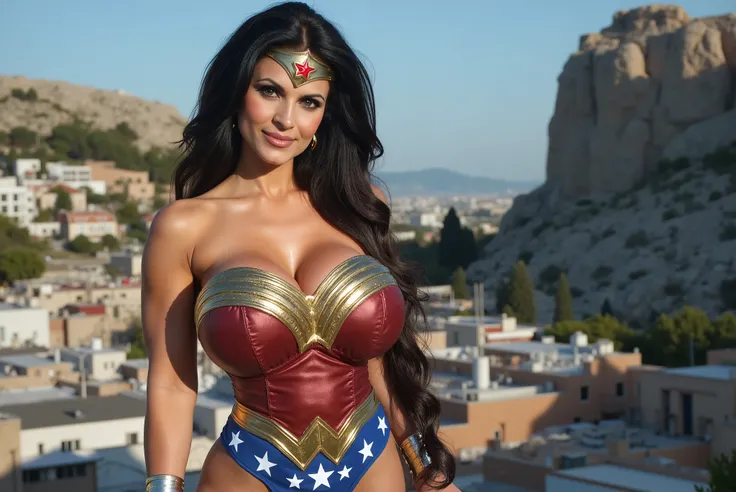 In a stunning Afternoon scene in Athens, with the iconic Parthenon majestically rising blurry in the background, Denise Milani strikes a confident pose, embodying a sexy rendition of Wonder Woman. She wears a tight corset that accentuates her curves, showc...