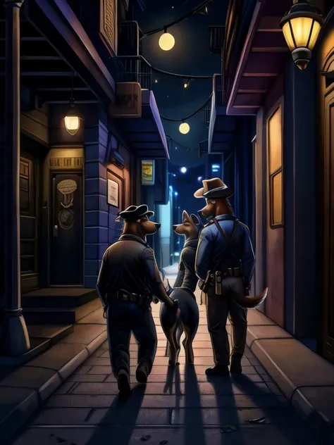 (((detective dogs sniffing around the night streets)))