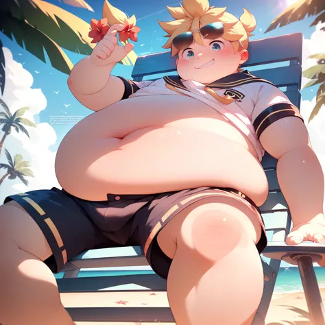 1 boy, ( male background ), kagamine len, ,  plump body and fat belly , school uniform and shorts ,  sunglasses in her hair ,  sitting on a chair on the beach , slightly flushed face, happily smiling 