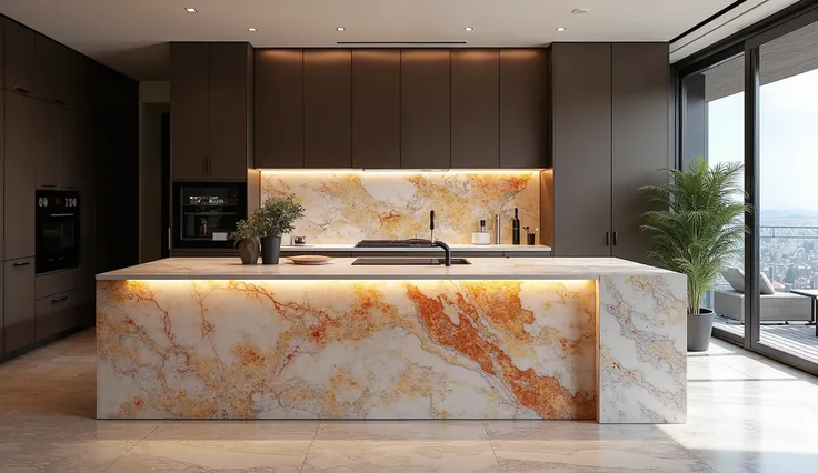 A custom-designed, sophisticated modern kitchen with large cabinets and a dedicated central bar in front, the marble countertop shimmers with clear patterns of different colors