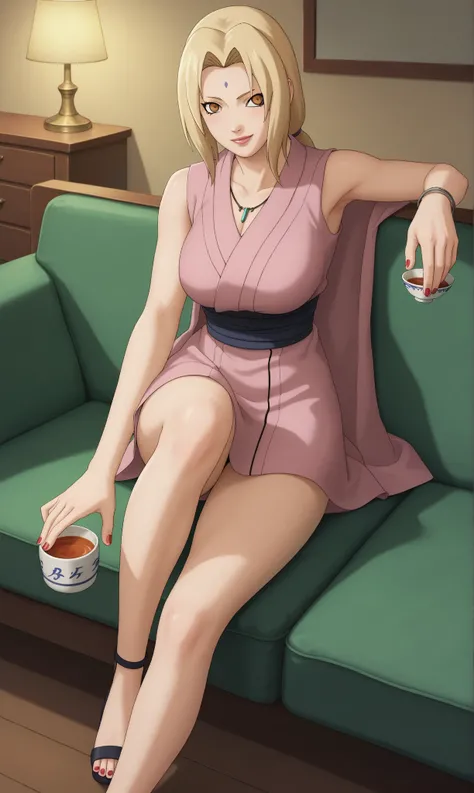   score  _9,   score  _8_arriba,   score  _7_arriba,
  anime style illustration  ,   ultra detailed ,   High Quality,   Tsunade Senju by Naruto Shippuden sitting on a sofa with a confident and relaxed expression,   intense but serene look  ,   slightly cur...