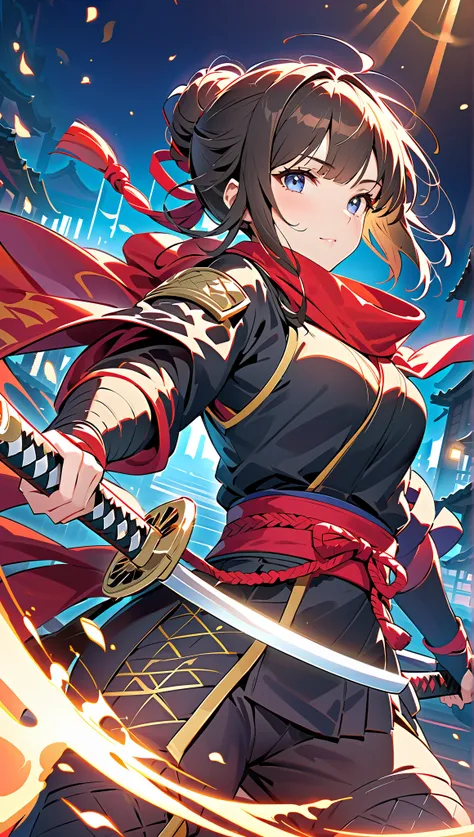 Vector art、((Female ninja))、Female Ninja、cute、Beautiful work、Light production,((Highest quality、masterpiece、Highest quality、High resolution、8k、detailed、ultra-detailed:1.3))、ダイナミックポージング，have a katana