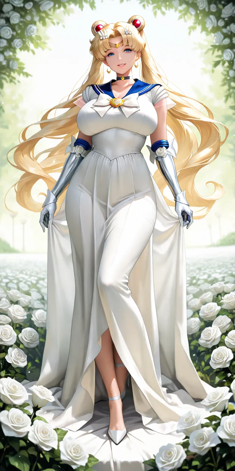 Masterpiece, newest, vibrant, very aesthetic, high contrast, mature woman, sailor moon\(sailor moon\), tall , big breast, white princess long dress, white gauntlets, white high heels, full body, parted lips, smile, park (white roses flowers field), best qu...