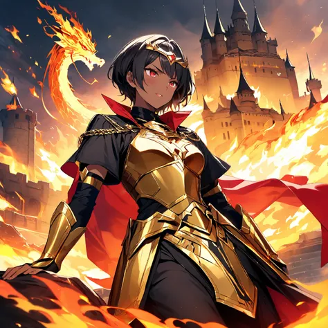  High resolution, short black haired woman ,  red eyes,  black clothes,  golden armor,  far angle, Brown skin, authoritarian pose, Environment in front of the castle, Fire breathing dragon 